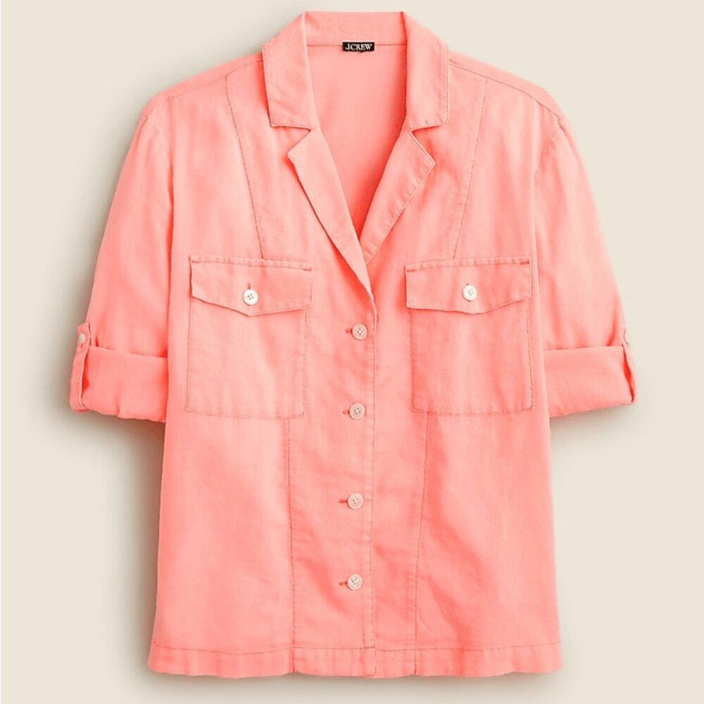 New J. CREW Linen Blend Coral Pink Button Down Top Collared Shirt
